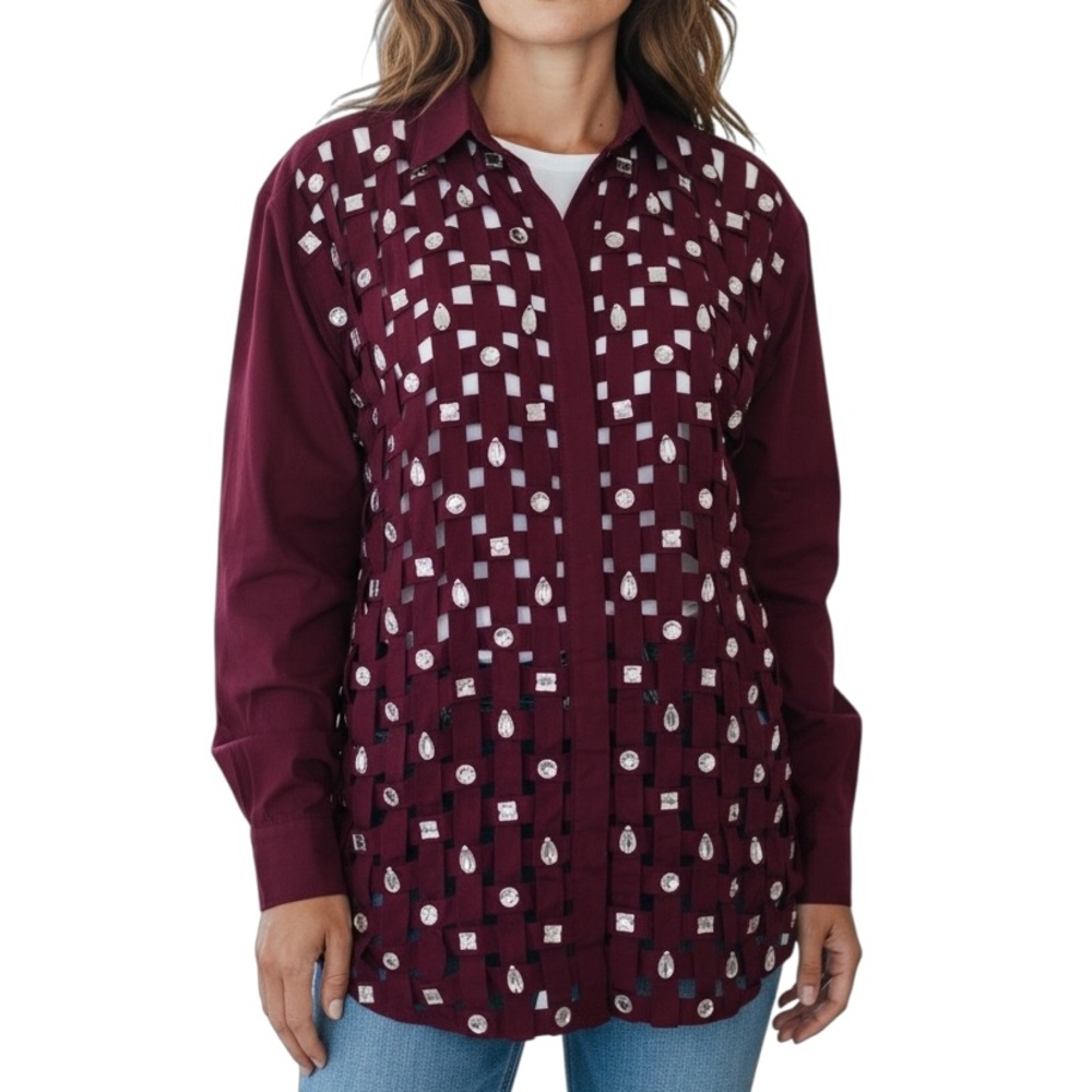 Yak Magik Vintage Rhinestone Button Down Basket Weave Shirt Size L